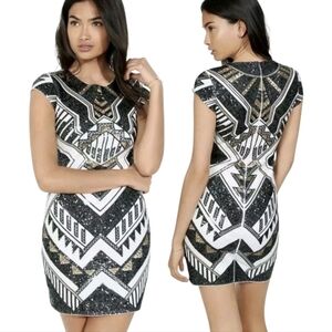 Express Black & Gold Sequin Aztec Cap Sleeve Cocktail Mini Dress. Size Large